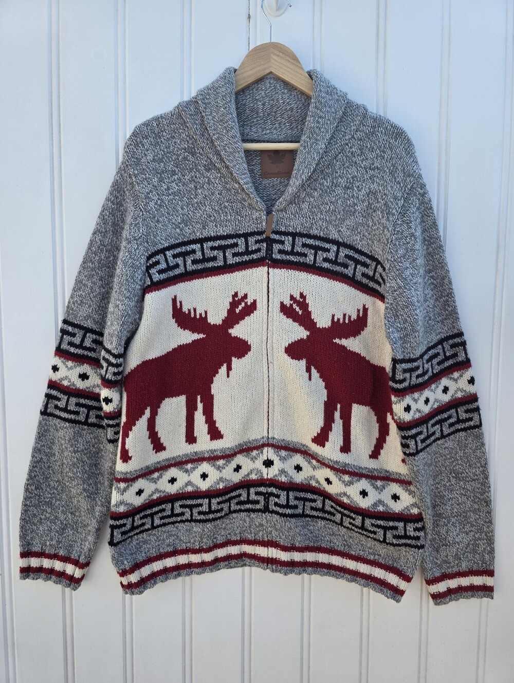 Canadiana Shawl Collar Moose Knit Zip Up Cardigan Sweater XL